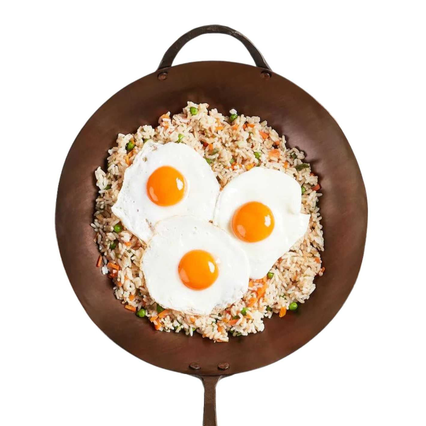 Fried rice with three eggs in a wok on a white background